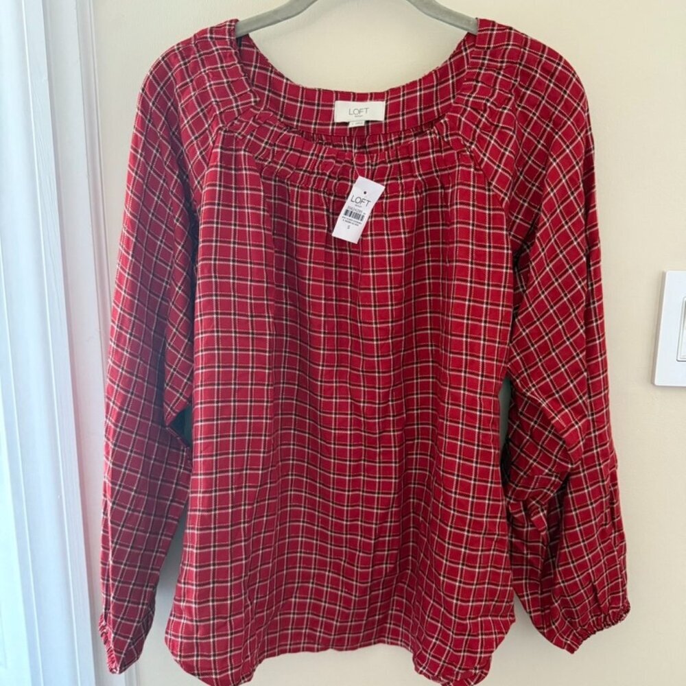 LOFT Red Black White Long Sleeve Plaid Blouse Womens Small Office Holiday Winter